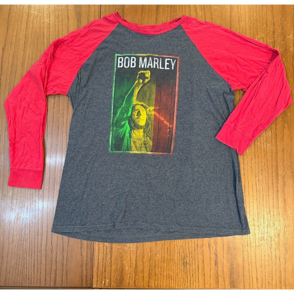 Retro Reggae Bob Marley Zion Rootswear Raglan Long Sleeve Tee Gray Red 2X